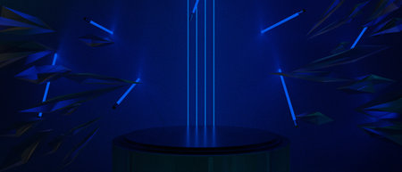 3d illustration rendering of technology futuristic cyberpunk display, gaming scifi stage pedestal background, gamer banner sign of neon glow stand podium for product saleの写真素材