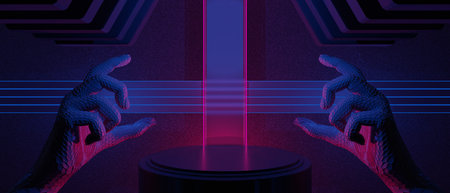 3d illustration rendering of technology futuristic cyberpunk display, gaming scifi stage pedestal...
