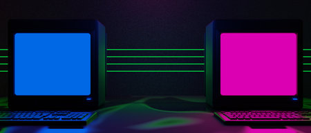 3d illustration rendering tv screen monitor of technology futuristic cyberpunk display, gaming scifi stage pedestal background, gamer banner sign of neon glow stand podiumの写真素材