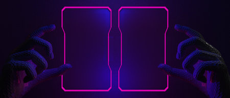 3d illustration rendering of technology futuristic cyberpunk display, gaming scifi stage pedestal background, gamer banner sign of neon glow stand podium for product saleの写真素材