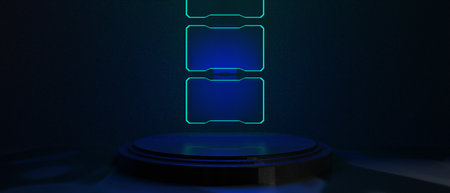 3d illustration rendering of technology futuristic cyberpunk display, gaming scifi stage pedestal background, gamer banner sign of neon glow stand podium for product saleの写真素材