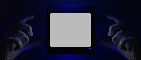 3d illustration rendering of technology futuristic cyberpunk display, gaming scifi stage pedestal background, gamer banner sign of neon glow stand podium for product saleの写真素材