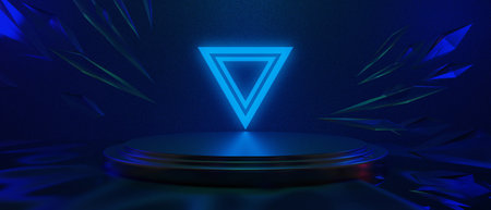 3d illustration rendering of technology futuristic cyberpunk display, gaming scifi stage pedestal background, gamer banner sign of neon glow stand podium for product saleの写真素材
