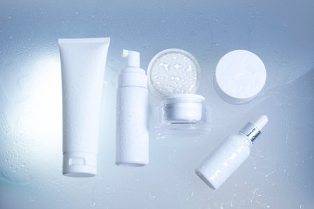 makeup cosmetic medical skin care, a mockup for cream lotion bottle product, packaging on white  waterdrop fresh with glass backgroundの写真素材