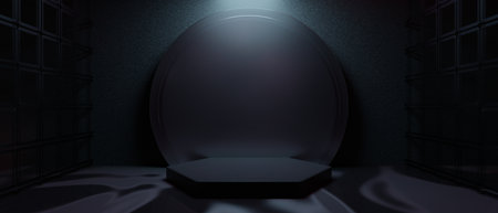 3d illustration rendering of technology futuristic cyberpunk display, gaming scifi stage pedestal background, gamer banner sign of neon glow stand podium for product saleの写真素材