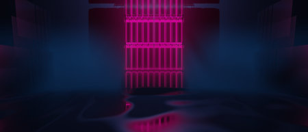 3d illustration rendering of technology futuristic cyberpunk display, gaming scifi stage pedestal background, gamer banner sign of neon glow stand podium for product saleの写真素材