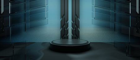 3d illustration rendering of technology futuristic cyberpunk display, gaming scifi stage pedestal background, gamer banner sign of neon glow stand podium for product saleの写真素材