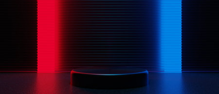 3d illustration rendering of technology futuristic cyberpunk display, gaming scifi stage pedestal background, gamer banner sign of neon glow stand podium for product saleの写真素材