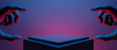 3d illustration rendering of technology futuristic cyberpunk display, gaming scifi stage pedestal background, gamer banner sign of neon glow stand podium for product saleの写真素材