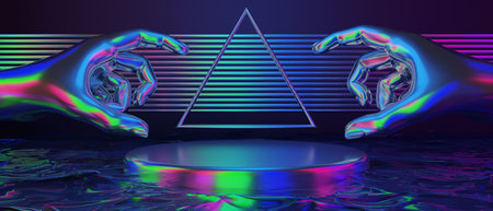 3d illustration rendering of technology futuristic cyberpunk display, gaming scifi stage pedestal...
