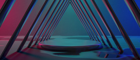3d illustration rendering of technology futuristic cyberpunk display, gaming scifi stage pedestal background, gamer banner sign of chromatic psychedelic fluorescent podiumの写真素材