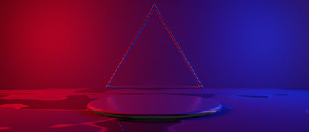 3d illustration rendering of technology futuristic cyberpunk display, gaming scifi stage pedestal background, gamer banner sign of chromatic psychedelic fluorescent podiumの写真素材