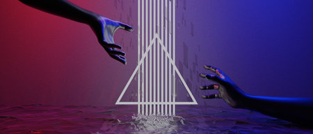 3d illustration rendering of technology futuristic cyberpunk display, gaming scifi stage pedestal background, gamer banner sign of chromatic psychedelic fluorescent podiumの写真素材