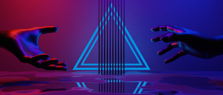 3d illustration rendering of technology futuristic cyberpunk display, gaming scifi stage pedestal background, gamer banner sign of chromatic psychedelic fluorescent podiumの写真素材