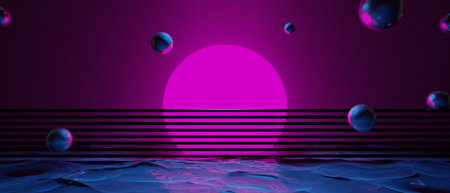 3d illustration rendering of technology futuristic cyberpunk display, gaming scifi stage pedestal background, gamer banner sign of chromatic psychedelic fluorescent podiumの写真素材