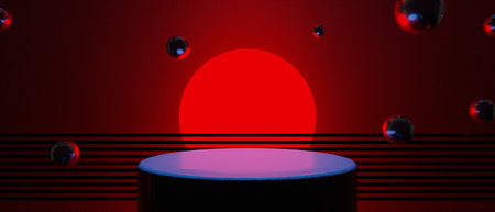 3d illustration rendering of technology futuristic cyberpunk display, gaming scifi stage pedestal background, gamer banner sign of chromatic psychedelic fluorescent podiumの写真素材