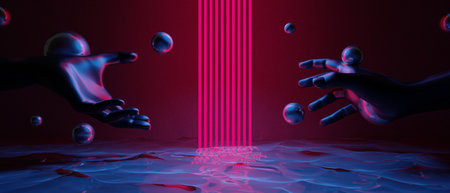 3d illustration rendering of technology futuristic cyberpunk display, gaming scifi stage pedestal background, gamer banner sign of chromatic psychedelic fluorescent podiumの写真素材