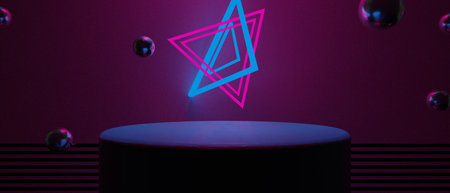 3d illustration rendering of technology futuristic cyberpunk display, gaming scifi stage pedestal background, gamer banner sign of chromatic psychedelic fluorescent podiumの写真素材