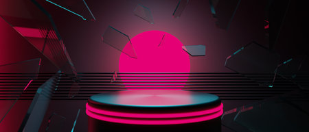 3d illustration rendering of technology futuristic cyberpunk display, gaming scifi stage pedestal background, gamer banner sign of chromatic psychedelic fluorescent podiumの写真素材