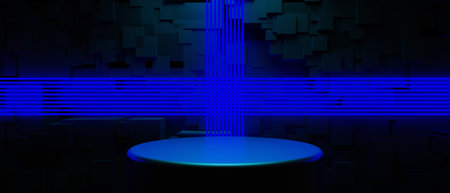 3d illustration rendering of technology futuristic cyberpunk display, gaming scifi stage pedestal background, gamer banner sign of chromatic psychedelic fluorescent podiumの写真素材