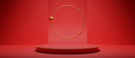 3d illustration rendering scene abstract background for merry xmas holiday decoration element, red wallpaper backdropの写真素材