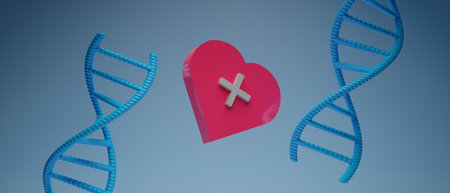 blood dna cell double helix structure, 3d illustration rendering, network of healthcare business, heart and careの写真素材