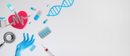 healthcare medical for first aid, hospital element 3d illustration rendering, doctor and medicine drugs with heartの写真素材