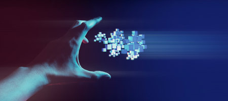 business hand holding an hologram of digital ai network or quantum computerの写真素材