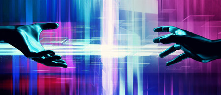 ai robot hans with cyberpunk gaming scifi technology wallpaper abstract background, futuristic scene 3d illustrationの写真素材