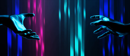 ai robot hans with cyberpunk gaming scifi technology wallpaper abstract background, futuristic scene 3d illustrationの写真素材