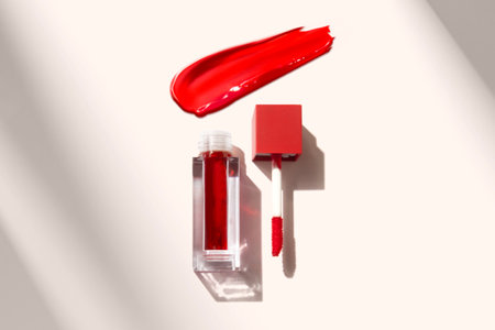 pink cherry candy of lip gloss tint with color shading pallete smudge gel, cosmetic makeup product mockupの写真素材