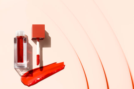 pink cherry candy of lip gloss tint with color shading pallete smudge gel, cosmetic makeup product mockupの写真素材