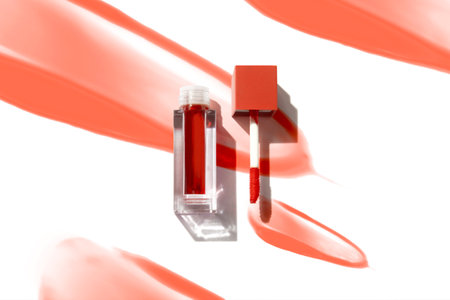 cosmetic makeup skincare mockup template product, lipstick and lip gloss smudge on white backgroundの写真素材