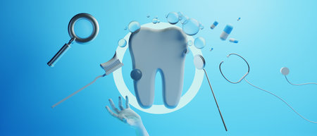 3d object illustration for dentist tooth with tools of medical health care for dental clinic hospital bussinessの写真素材