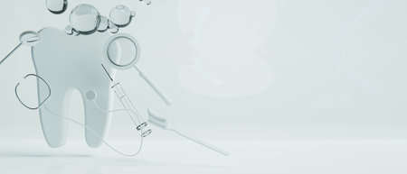 3d object illustration for dentist tooth with tools of medical health care for dental clinic hospital bussinessの写真素材