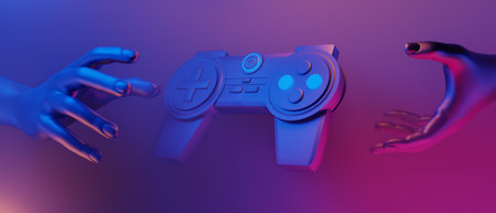 3d illustration rendering of mannequin hand hold  technology futuristic cyberpunk display, gaming scifi stage pedestal backgroundの写真素材