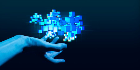 businessman hand holding holographic of  metaverse network on black background, internet social...