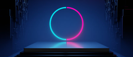 3d illustration rendering of technology futuristic cyberpunk display, gaming scifi stage pedestal backgroundの写真素材