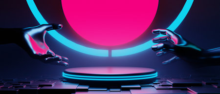 3d illustration rendering of technology futuristic cyberpunk display, gaming scifi stage pedestal backgroundの写真素材