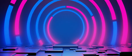 3d illustration rendering of technology futuristic cyberpunk display, gaming scifi stage pedestal backgroundの写真素材
