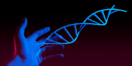scientist or doctor touching hold the hologram of dna blood helix cell; medical healthcare science laboratoryの写真素材