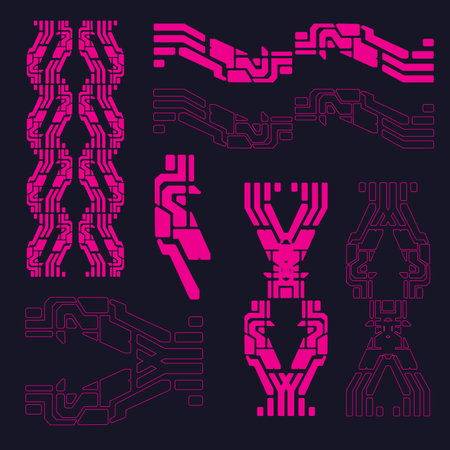 cyberpunk scifi gaming futuristic icon pattern seamless decal set collection template, 2d illustration rendering vector elementのイラスト素材