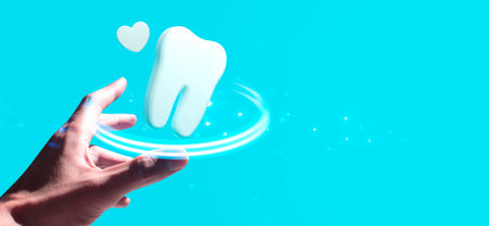 hand of doctor dentist with tooth care, dental clinic hospital healthcare, medical and treatment...