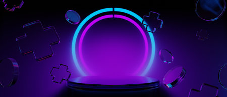 3d illustration rendering of gamer technology futuristic cyberpunk display, gaming scifi stage pedestal backgroundの写真素材