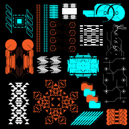 distopian y2k cyberpunk scifi gaming futuristic icon hud or ui graphic pattern set collection template, 2d illustration rendering vectorのイラスト素材