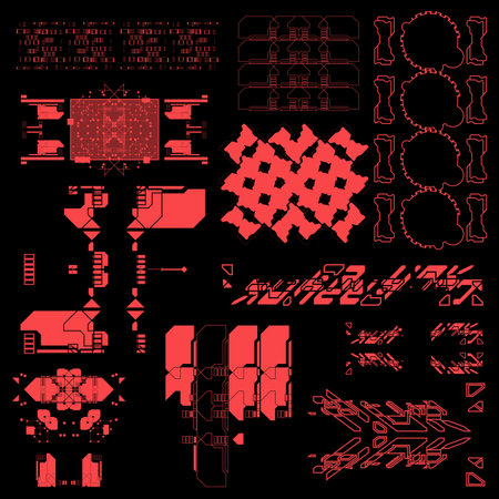 cyberpunk scifi gaming futuristic icon pattern HUD ux ui set collection template, 2d illustration rendering vector elementのイラスト素材