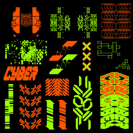 cyberpunk scifi gaming futuristic icon pattern HUD ux ui set collection template, 2d illustration rendering vector elementのイラスト素材