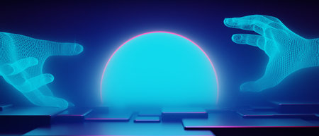 3d illustration rendering of gamer technology futuristic cyberpunk sci-fi display podium, gaming...