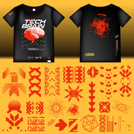 cyberpunk scifi gaming futuristic icon pattern  set collection template hud for branding fashion t-shirt decoration decal, 2d illustration rendering vector elementのイラスト素材