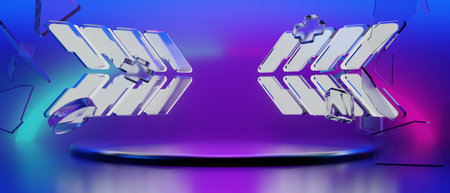 3d illustration rendering of y2k gamer technology futuristic cyberpunk sci-fi display podium, gaming...